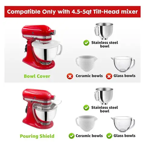 A76G Pouring Shield & Bowl Covers for KitchenAid 4.5-5QT Tilt-Head Stand Mixer Splatter Guard Lids