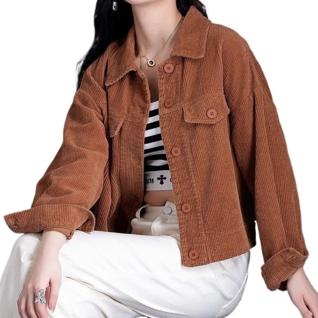 Women's Corduroy Jacket Short Pure Color Plaid Casual Style Autumn New Fashion Korean System Versatile Top Shirt