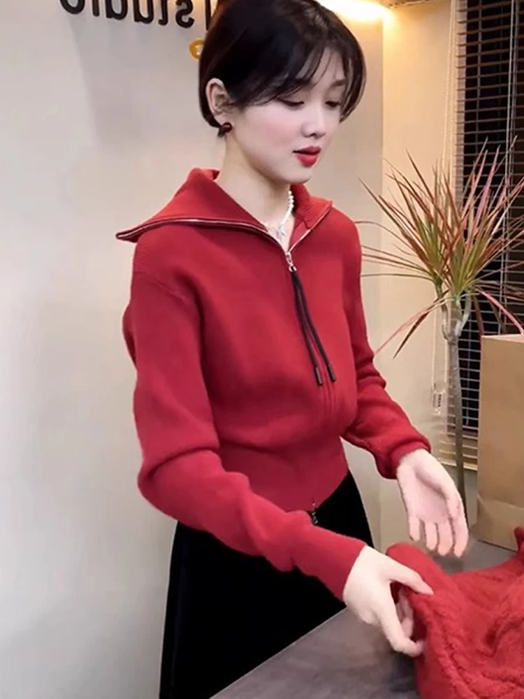 

Ladies' Camere Open Cardigan Long Sve Turn-down Collar Zipper Design Knitted Sweater Commute Sle Autumn Winter New Arr...