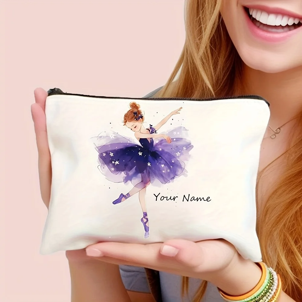 Customizable Name Cute Purple Twin Tails Ballet Themed Design Adorable Hand Makeup Bag Durable Reusable Zippered Pencil Case