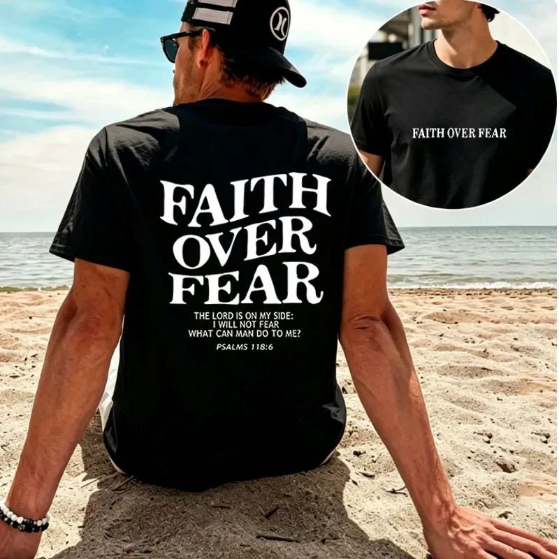 Men's Faith Over Fear Print T-shirt 100% Cotton Christian Inspirational Casual Short Sleeve Tee