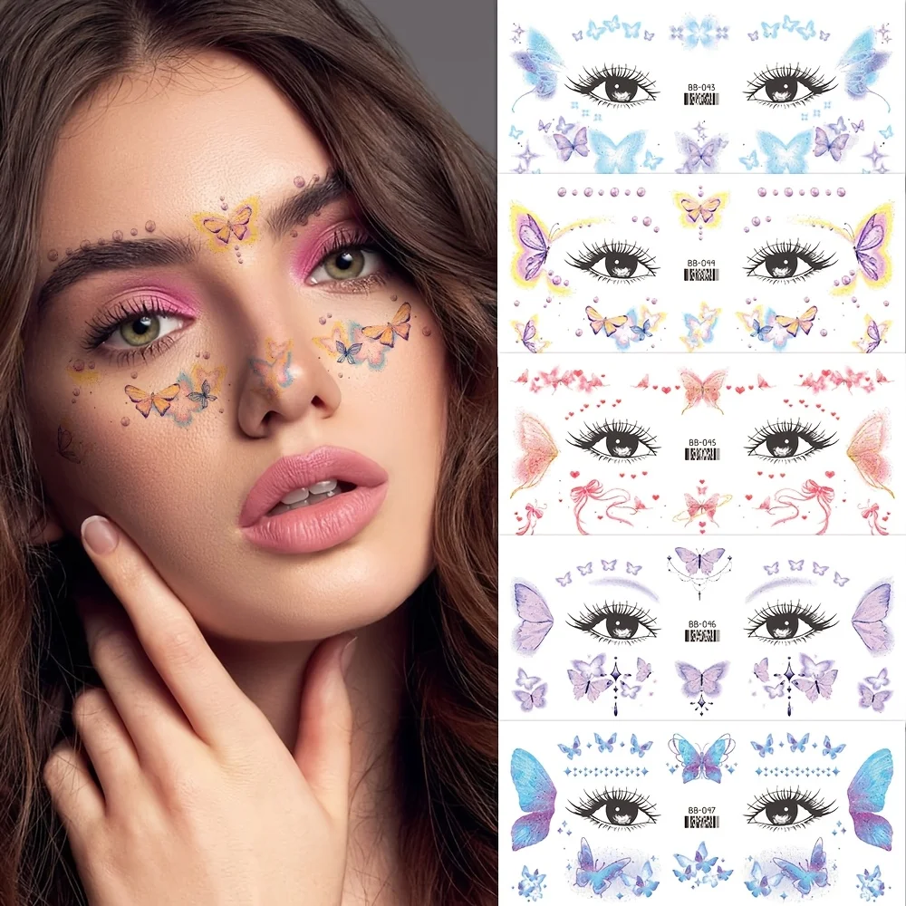 6 Sheets Colorful Butterfly Temporary Tattoo Face Makeup Tattoo Stickers For Women Stage Show Eyes Fake Tattoo Party Flash Tatoo