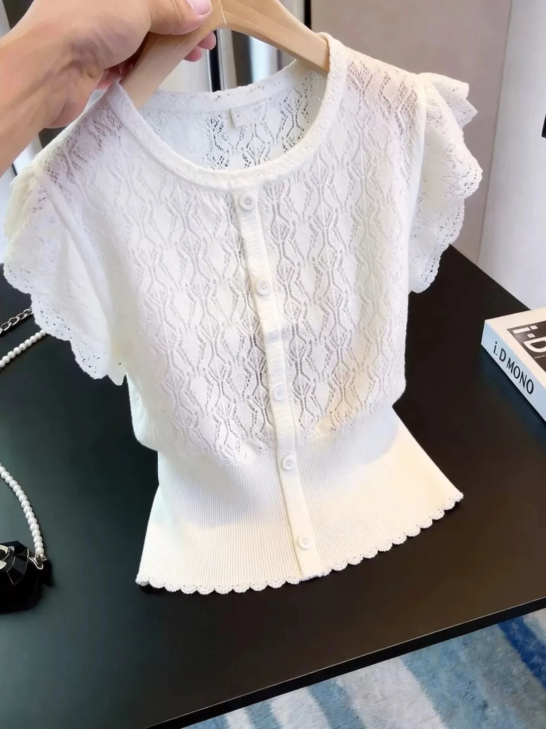 Commute Fashion Women's Short Sleeve Knitted Shirt Single Button Hollow out Design Korean Style Straight Cut Summer Top