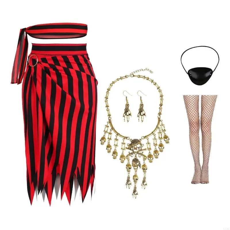 

G7NC Pirate Costume Accessories for Women Halloween Cosplay with Dress Head Scarf Eye Patches Necklace Earring Stocking