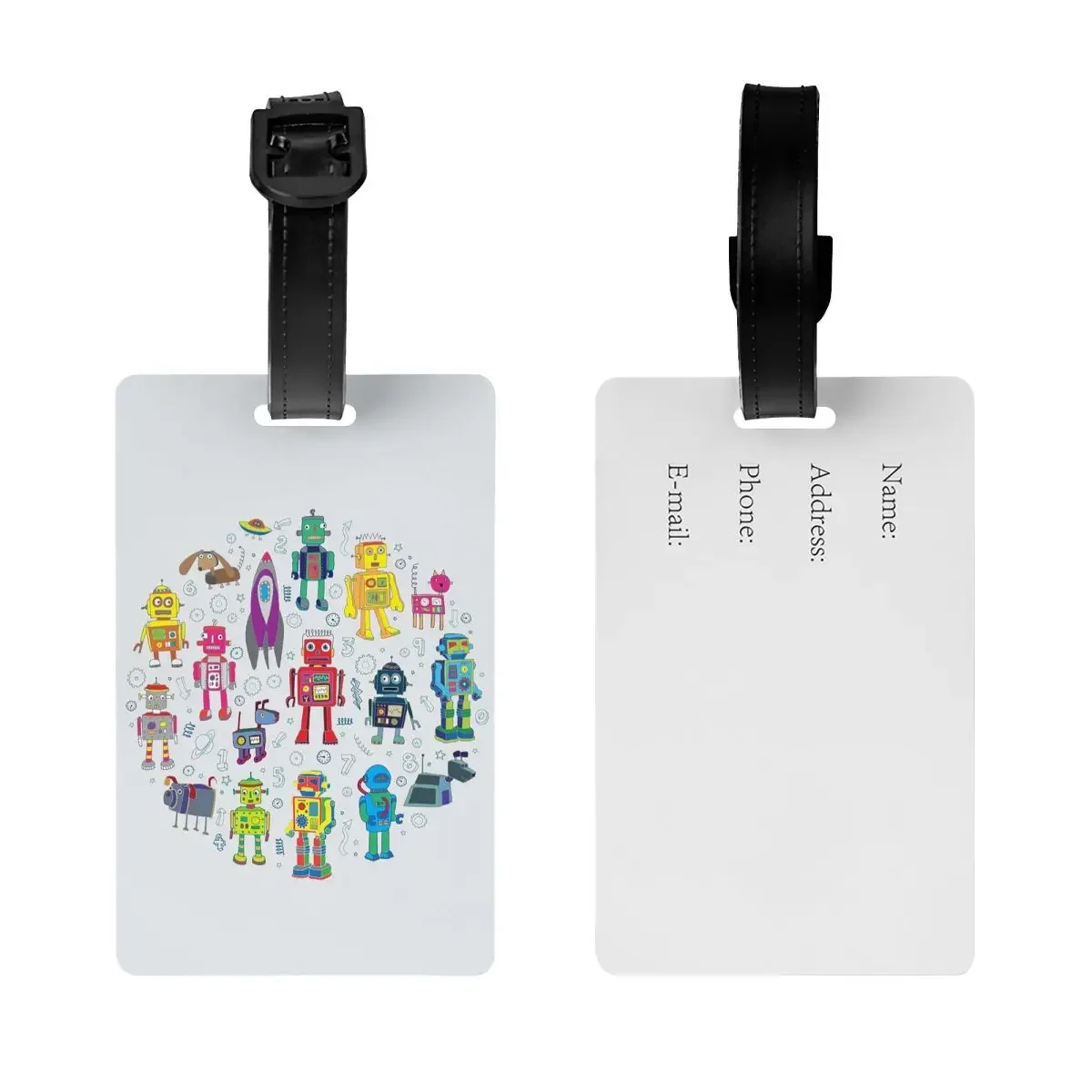 Robots In Space - Grey - Fun Robot Pattern By Cecca Designs Luggage Tags Baggage Boarding Tag Label Holder ID Name Address