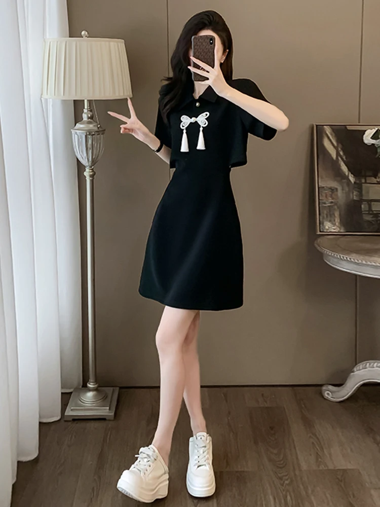 Nouveau chinois Sle rétro bouton Dr dames été nouveau Faionable polyvalent ventre aboiement t-shirt jupe ort Sve coupe ajustée