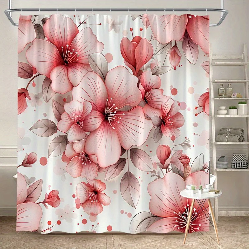 

1pc shower curtain in pastel tones and a slender green leaf pattern, made of polyester, machine washable, suitable for bathrooms
