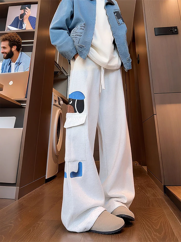 

Тяжелые спортивные штаны с вышивкой собаки в американском стиле, мужские и женские осенние спортивные штаны в стиле ретро с широкими штанинами и прямыми штанинами