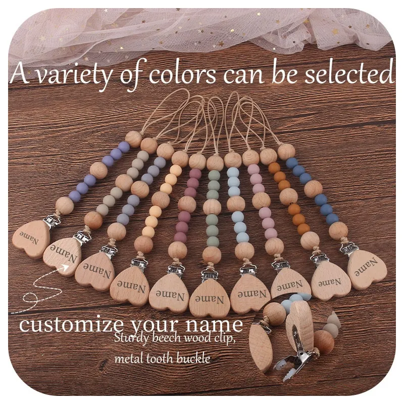 Custom Name Silicone bead heart love Pacifier Clip Wooden Engraving Baby Dummy Holder Chain Silicone Chain Personalized