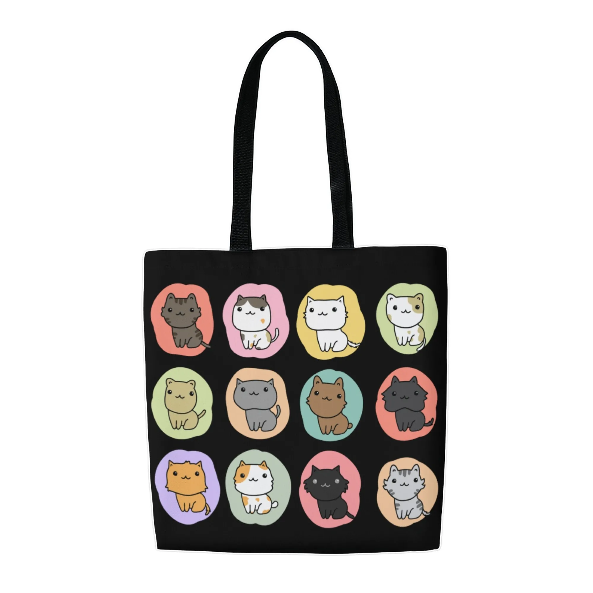 Bolsa tote de lona de gato kawaii coreano, estampa de gato preto para mulheres, bolsa reutilizável de moda, perfeita para viagens diárias estéticas fofas