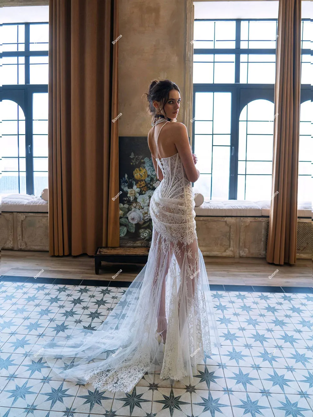 Booma-Robe de Mariée Sirène en Dentelle Sarcelle Sexy Sans Bretelles, Corset Désossé, Plis, ixde la Mariée, Quelle que soit la Transparente, Robe de Bal de Mariée