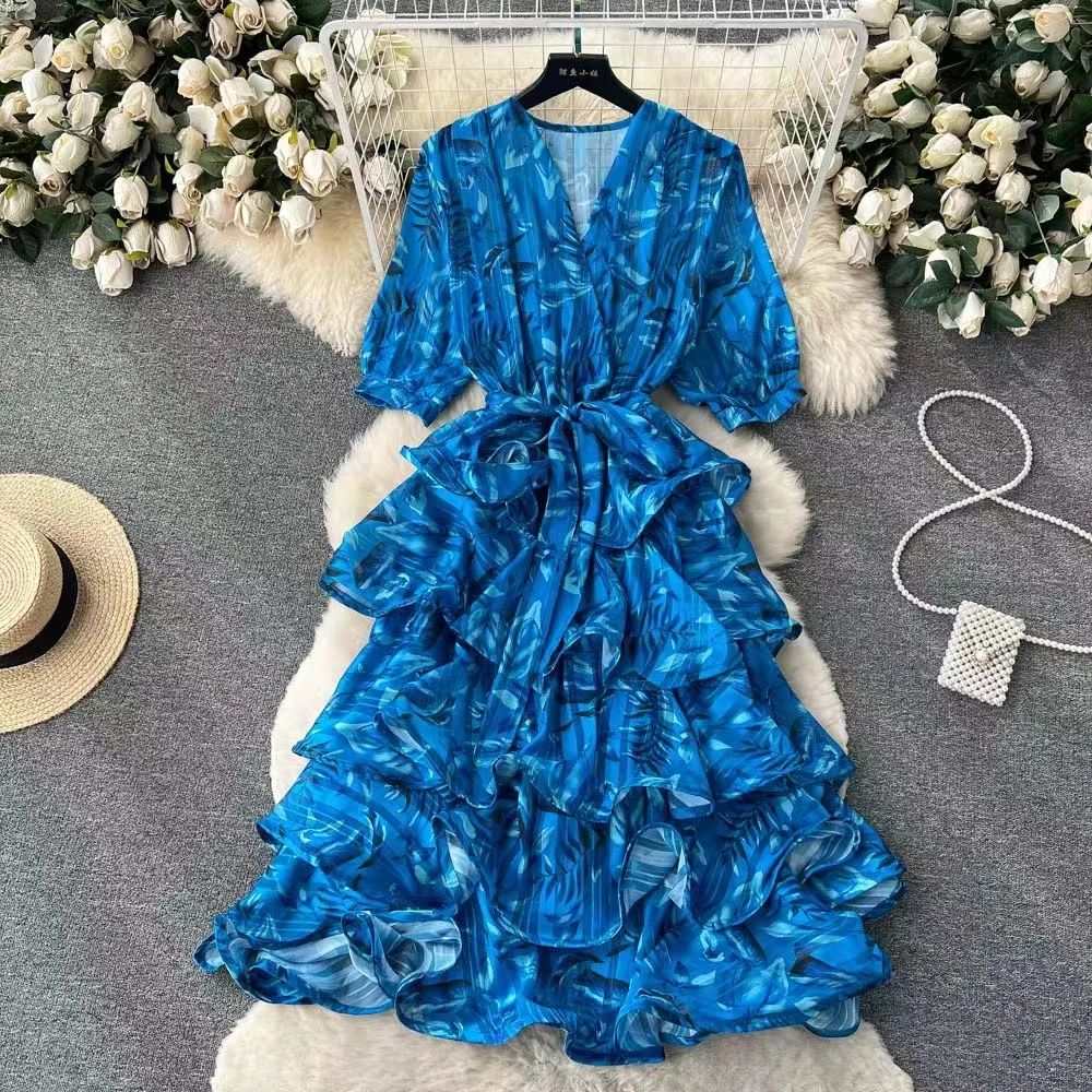 

High Quality Fashion Chic Women Summer Print V Neck Half Sleeve Lace Up Ruffles Casual Loose Beach Holiday Dresss