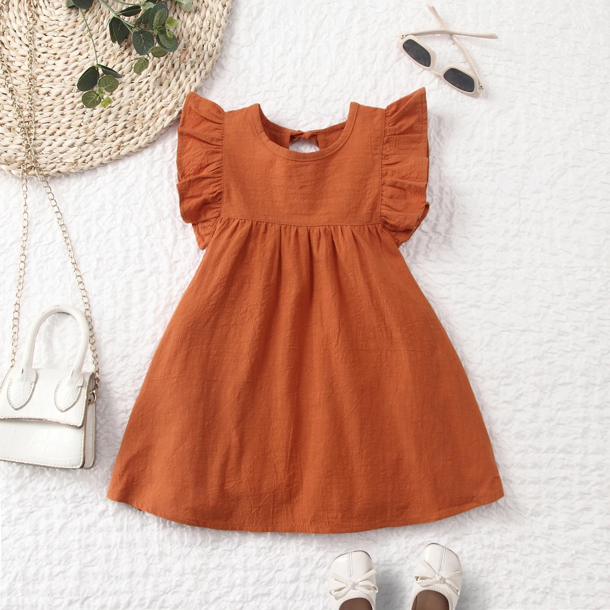 Toddler girls dresses kid's summer wear Pure color puffy sleeves girl dress back collar tie princess dress