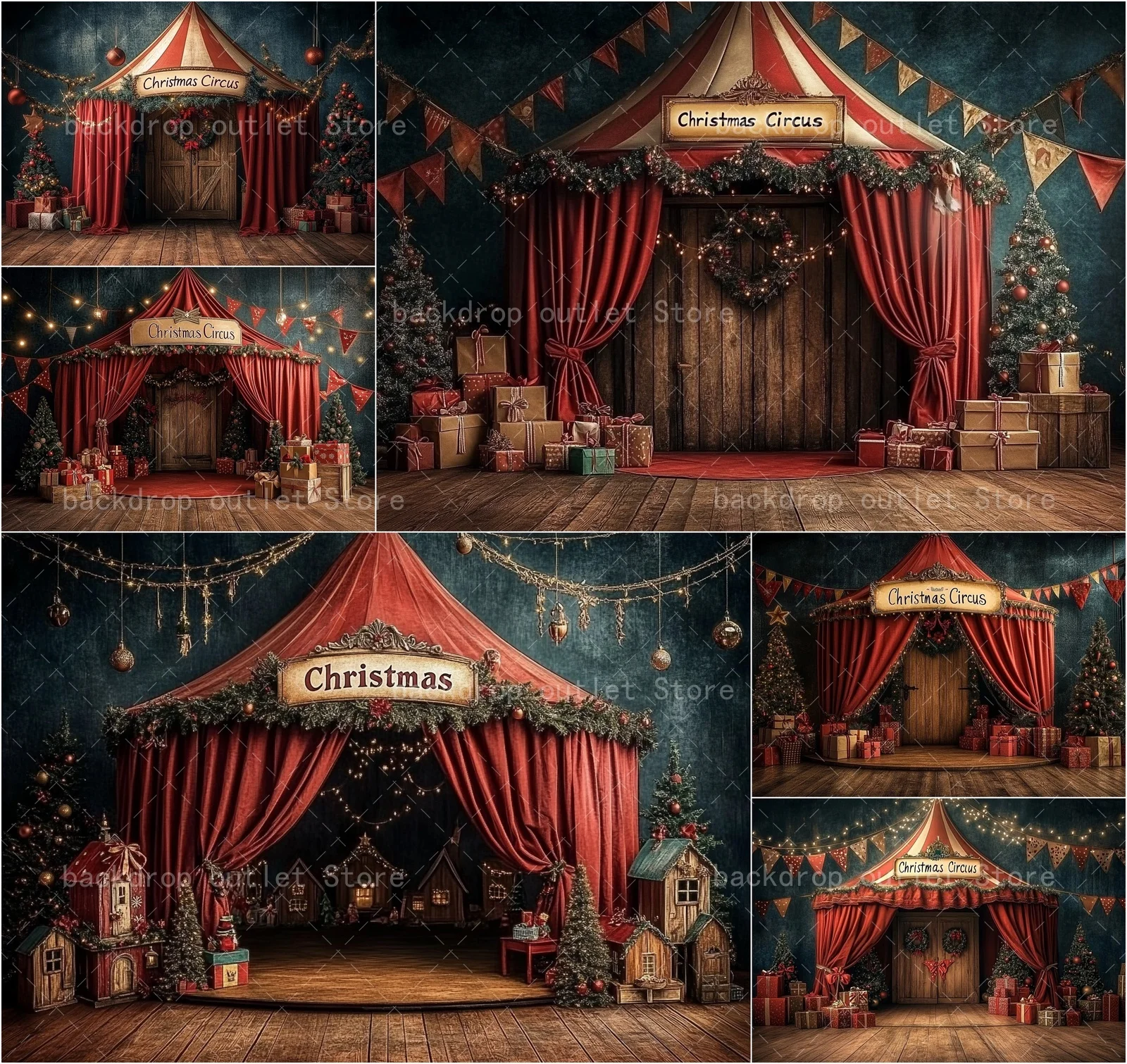 Mehofond Christmas Circus Backgroud Red Curtain Gifts Xmas Tree Flags Lights Adult Kids Portrait Decor Backdrop Photo Studio