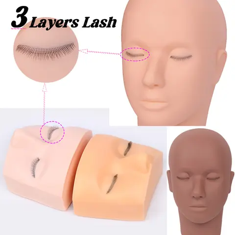 3 Layers Lashes Model Head for Eyelash Extensions Cosmetology Practice Mannequin Doll Face with Eyelashes for Makeup Training