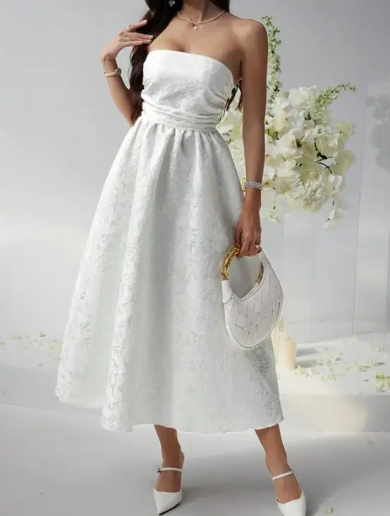 우아한 여성용 드레스, 여름 고급스러운 분위기, 슬림핏 엠보싱 새틴 스트랩리스 드레스, 연회 드레스에 적합