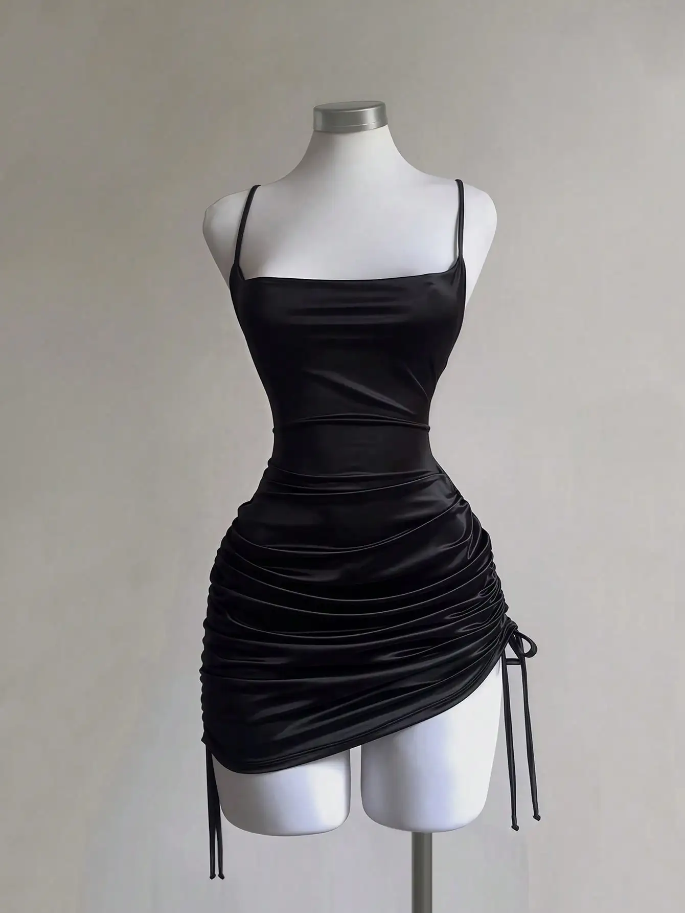 Vestido Mini Preto de Cetim com Alças Finas e Barra Assimétrica
