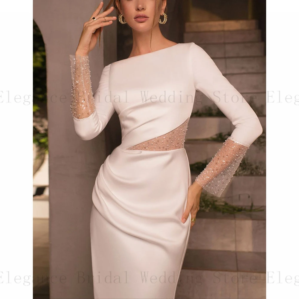 Modern Scoop Neck White Satin Wedding Dresses for Women 2023 Long Sleeve Tulle Sequin Wedding Gowns Split Pleated trouwjurk