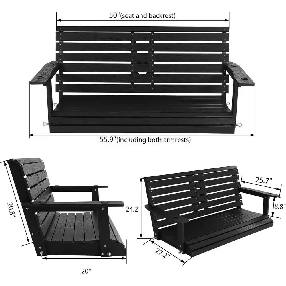 2-Seat Porch Swing with Cup Holders, High Backrest, Deep Seat, Carbon Black, 4.5 Feet