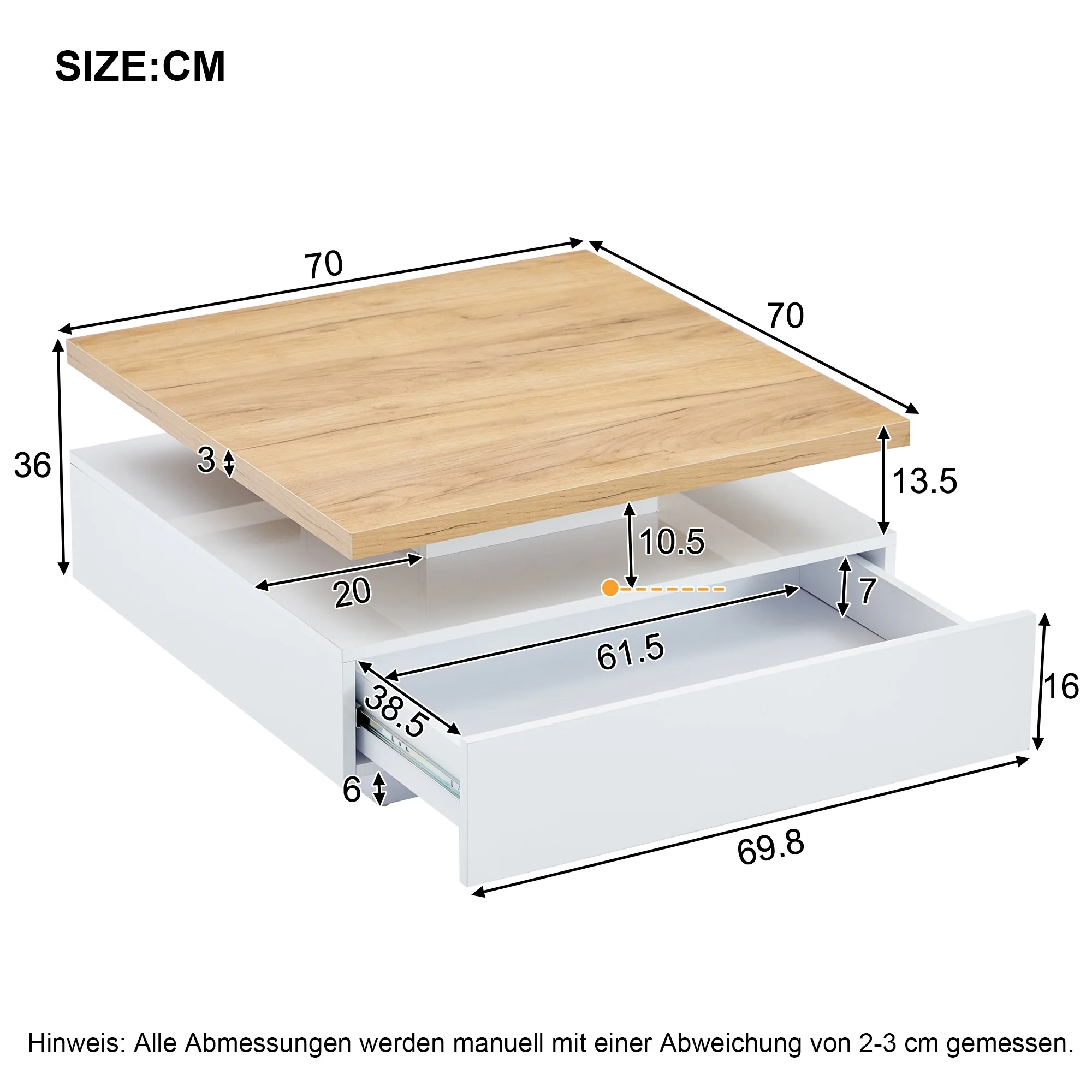 Weißer Hochglanz Kaffee-Schwenktisch mit 360°-Drehung, 2-stufig & Schublade, Nussbaum-Rahmen – Wohnzimmer-Beistelltisch – Detail 1