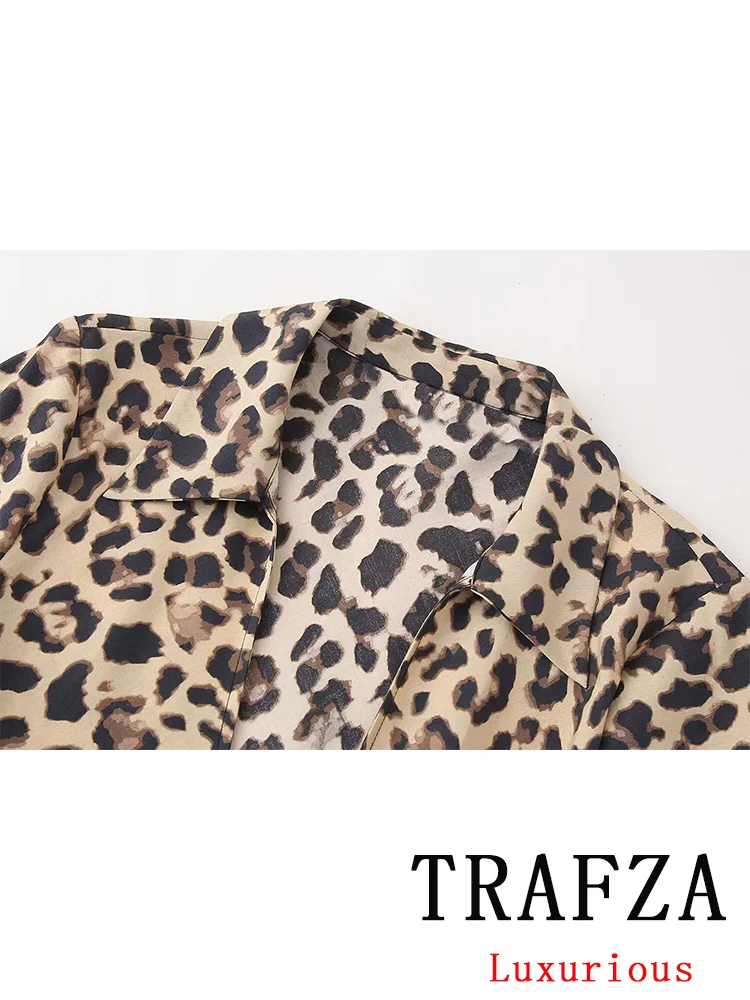 TRAFZA Vintage Casual Women Blouse Print Leopard Long Sleeve V Neck Lace-up Blouse Fashion 2024 Spring Summer Streetwear Shirts