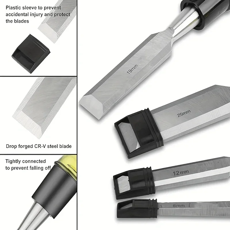 Set di scalpelli per legno da 4 pezzi per la lavorazione del legno Lama con bordo smussato in acciaio CR-V Utensile manuale per scalpello per legno con manico ad alto impatto in PVC durevole