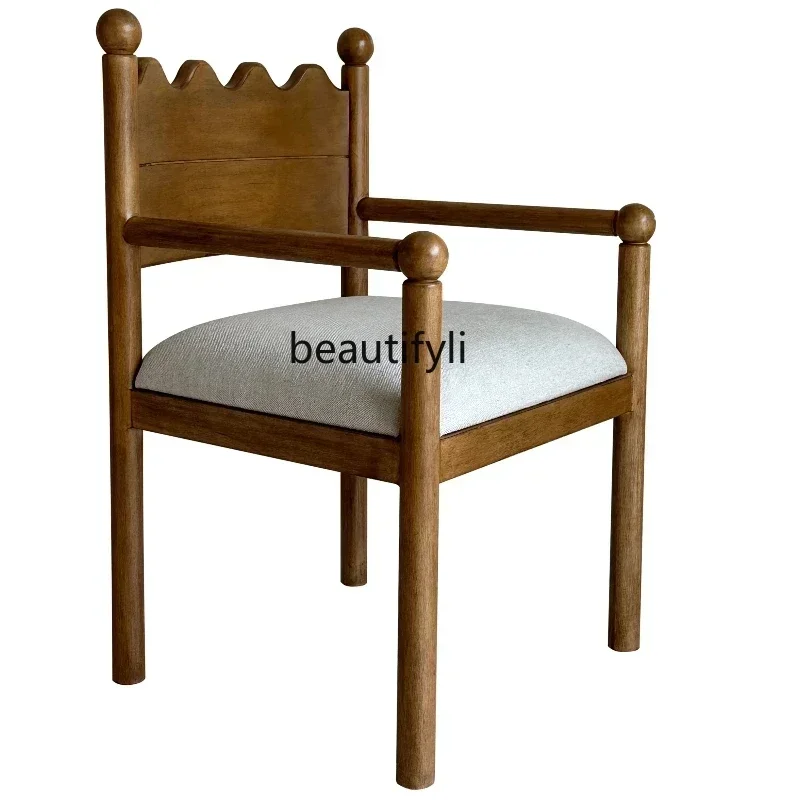 QQMedieval Solid Wood Home Ash Wood Dining Chair Retro Armrest Back Chair, Art Dining Chair