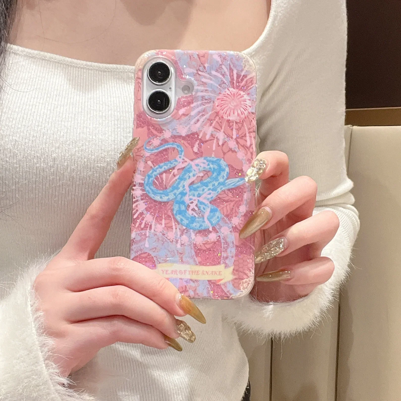 Pink Fireworks Jungle python Totems art Phone case For iPhone 16 15 14 13 Pro Max Case Luxury Cartoon glitter shockproof Cover