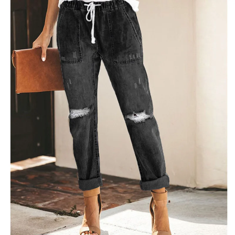 Drawstring Jeans Vintage Beggar Pants Fashion Holes Slim-fit Pants Women Straight Tube Trousers