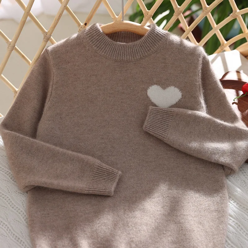 Children thickened 100% wool knitted sweater Boys girl round neck pullover keep warm Leisure cartoon heart pattern child sweater