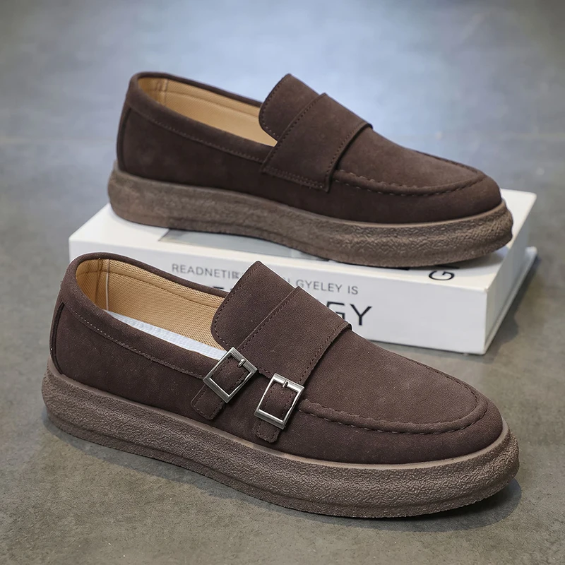 Men Casual Loafer Shoes Suede Texture Double Buckle Detail Slip On Chunky Flat Sole Retro Business Commute Footwear