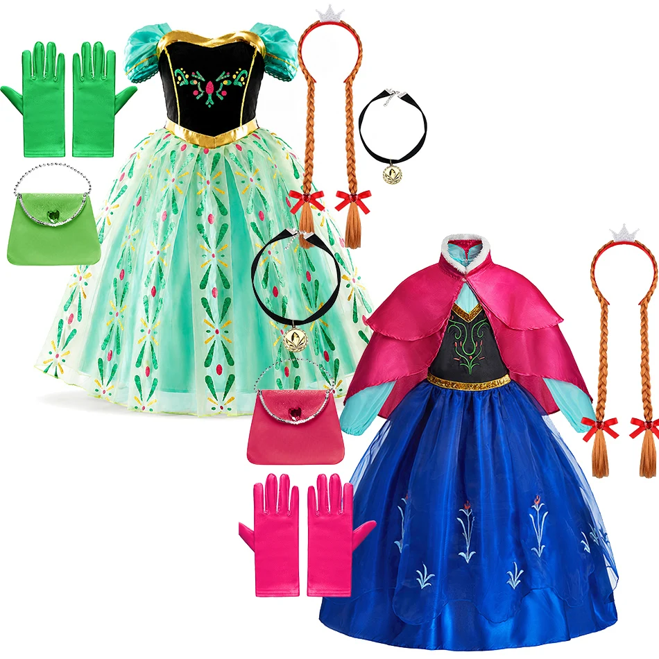 Girls Princess Dress Kids Snow Queen Cosplay Costume Halloween Party Dress Up Outfit with Wig Headband Accessories Set Book Week
