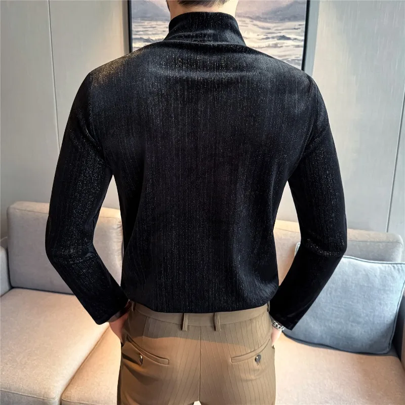 Men Velvet Striped T-shirt Warm Thickened 2025 Autumn Winter Solid Color Casual Long Sleeve Half High Neck T-shirt Men Clothing