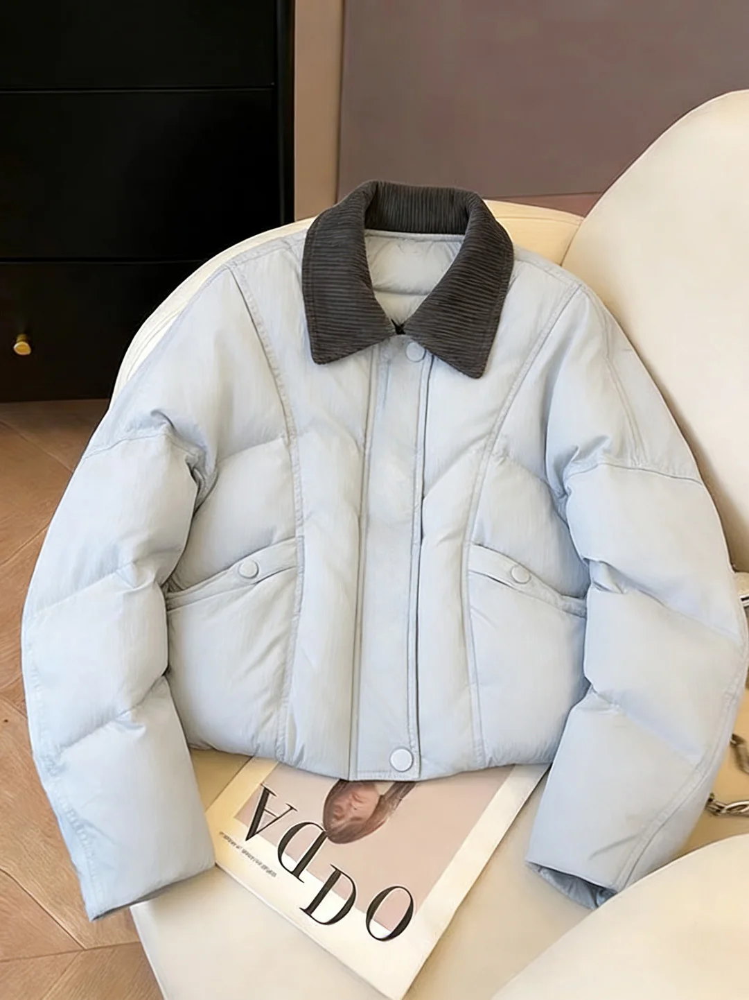 

Синяя утепленная зимняя хлопковая куртка для женщин: модная повседневная теплая верхняя одежда в корейском стиле, свободный крой, длинный рукав