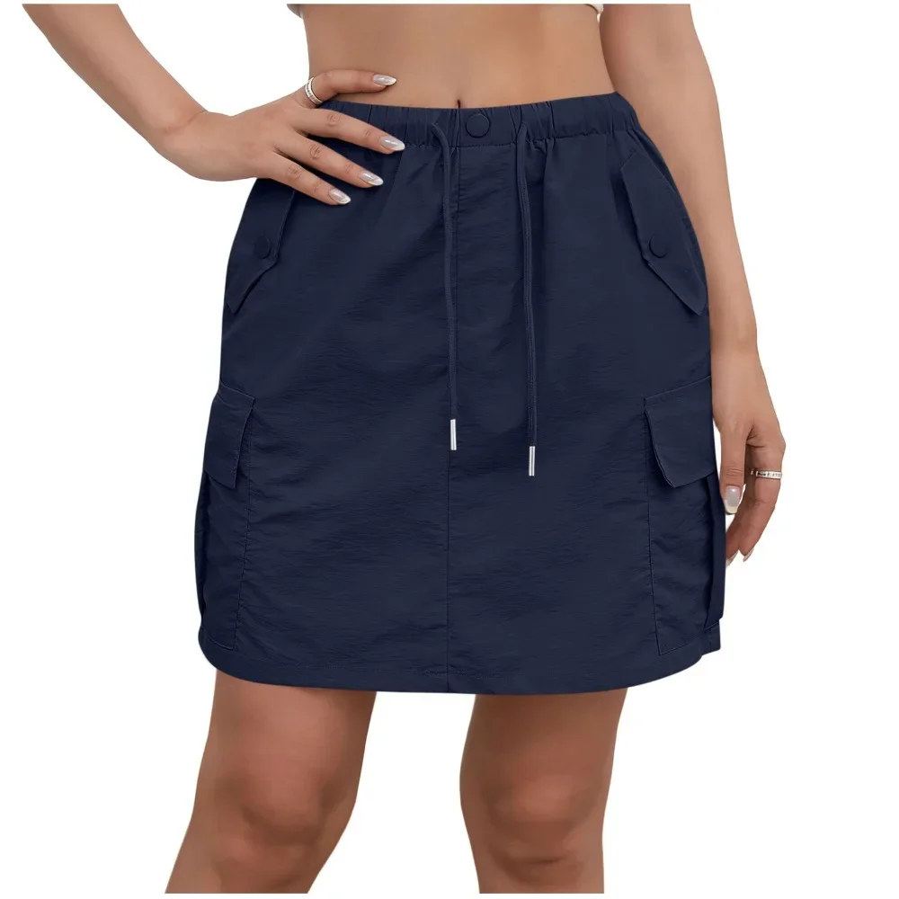 Women Solid Color Drawstring Waist Midi Skirt Casual Loose Fit Adjustable Flattering Breathable Soft Versatile Daily Streetwear