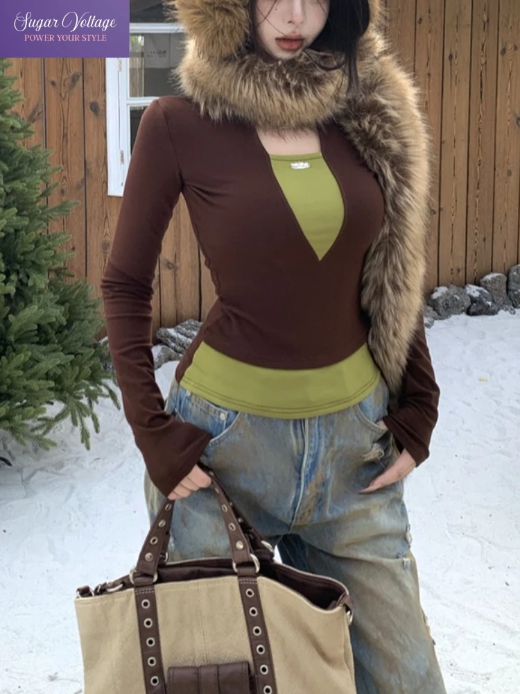 Fashion Hot Girl Color Block Fake 2 Piece Top Women Slim Fit High Neck Cut Out Fleece Lined Long Sleeve Base Layer Autumn Tops