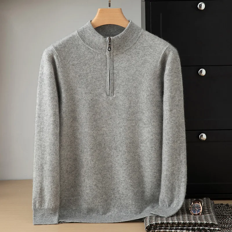 Half Zip 100% Pure Cashmere Sweater Men, Simple Half High Neck Sweater For External Wear, Warm and Casual Knitted Base Sweater