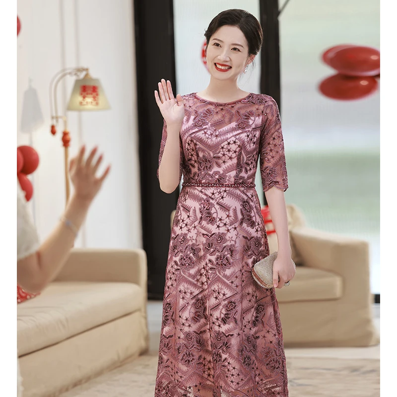 

Luxury Lace Mother Of The Groom Dresses Elegant Round Neck A-Line Tea-Length Women Midi Dresses For Wedding Party