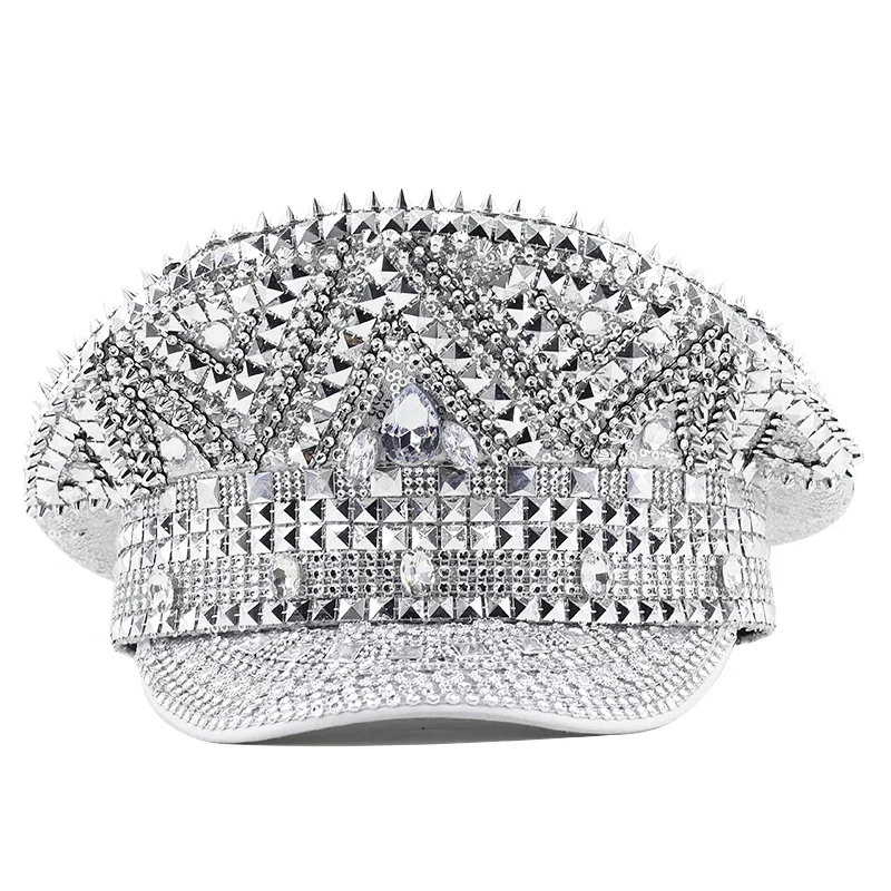 Women Wedding Bride Captain Octagonal Ha Hat Queen Luxury Rhinestone Military Hat Sergeant Hat Hen Festival Birthday Part Hat