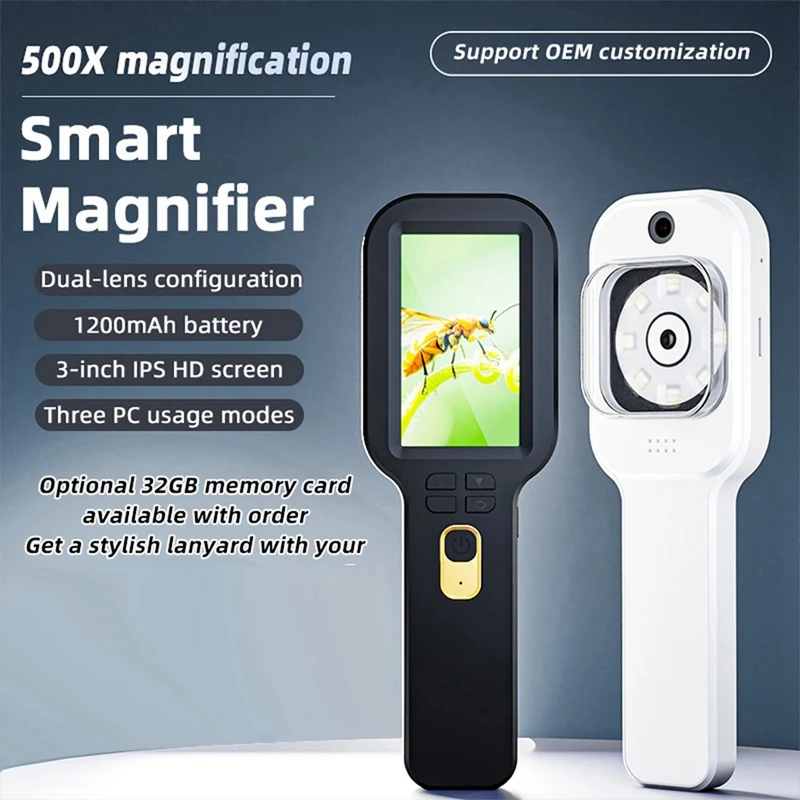 ●Handheld Digital Magnifier Microscope 500X Zoom 1200mah Electronic Magnifying Glass with 3 Inch IPS Screen White