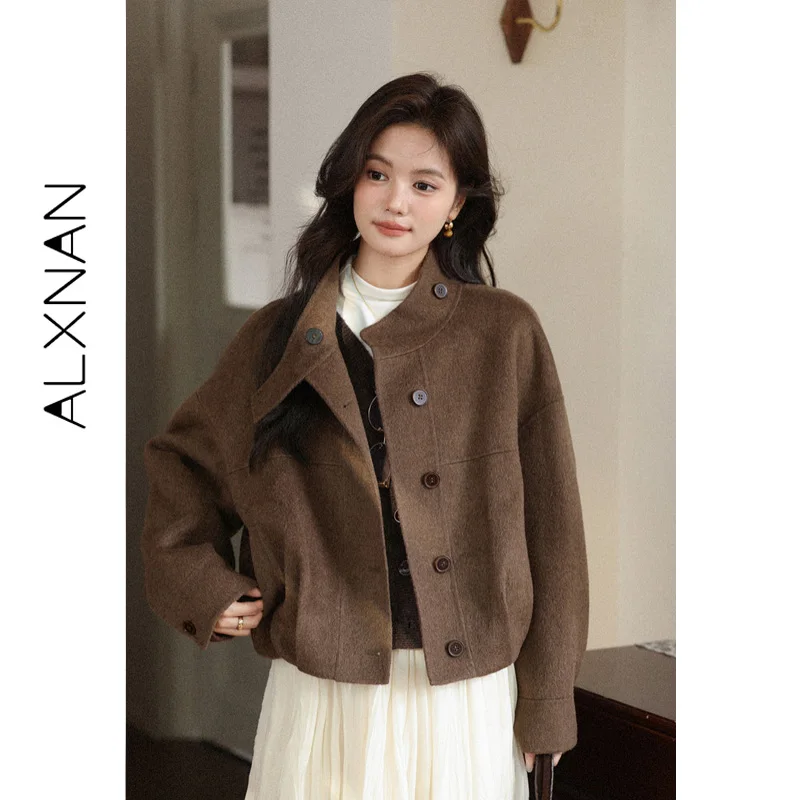 ALXNAN Brown Wool Jacket Women 2026 Autumn Winter Stand Collar Straight Vintage Outwear Elegant Loose-fit Female Coat L58875