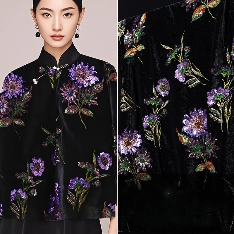 

Haitang Flower Embroidery Velvet Fabric New Chinese Heavy Industry Flower Embroidery Sewing Vest Cheongsam Top Clothing Fabric