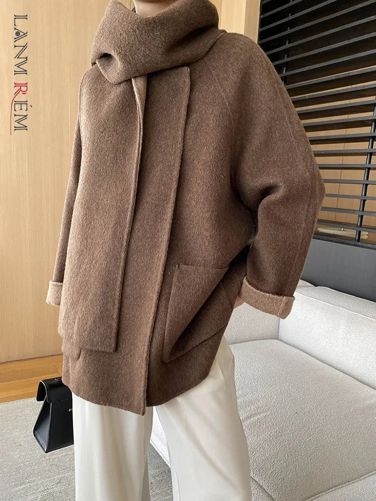 

[LANMREM] Elegant Scarf Collar Woolen Coat For Women Single Button Fashion Warm Outwear Female Clothing 2024 Winter New 26C612