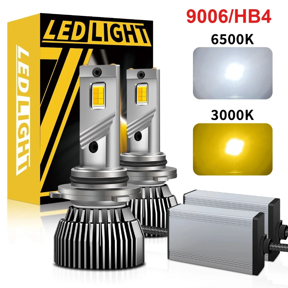 

2 шт. светодиодные лампы 9006 120W 50000LM Canbus для автомобиля, 6500K и 3000K, двухцветные LED лампы HB4 для противотуманных фар, 12V с вентилятором