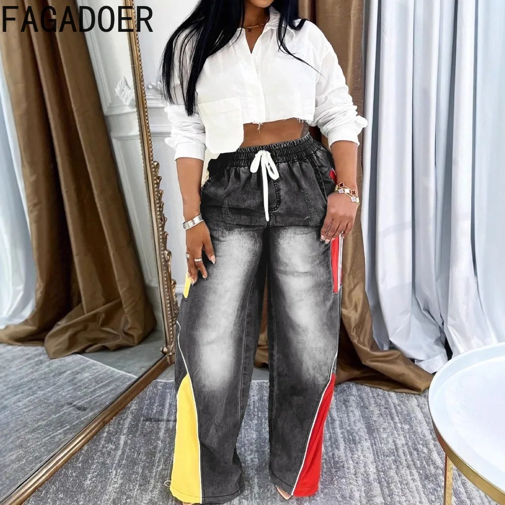 FAGADOER Autumn New Fashion Color Block Denim Pants Women Color Block Drawstring Patchwork Straight Leg Pants Female Streetwear