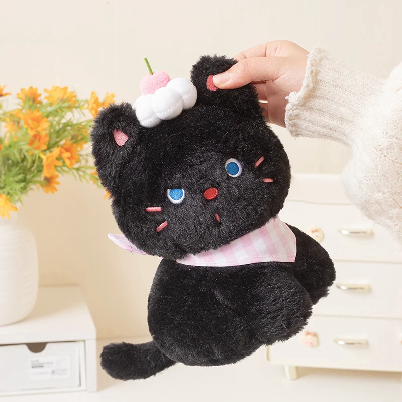 Kawaii Black Cat Plush Toy Cute Cat With Cream Cake Decor Plush Doll Sweet Companion Doll Birthday Gift