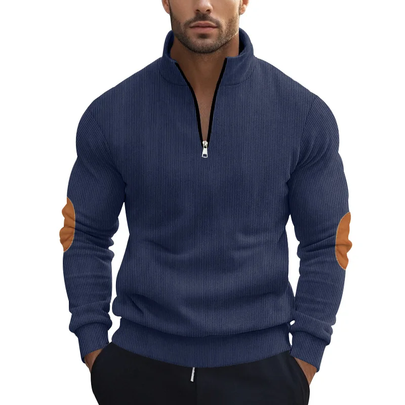 Autumn and winter new solid color men's half chain corduroy casual stand up collar long sleeved versatile sweatshirt