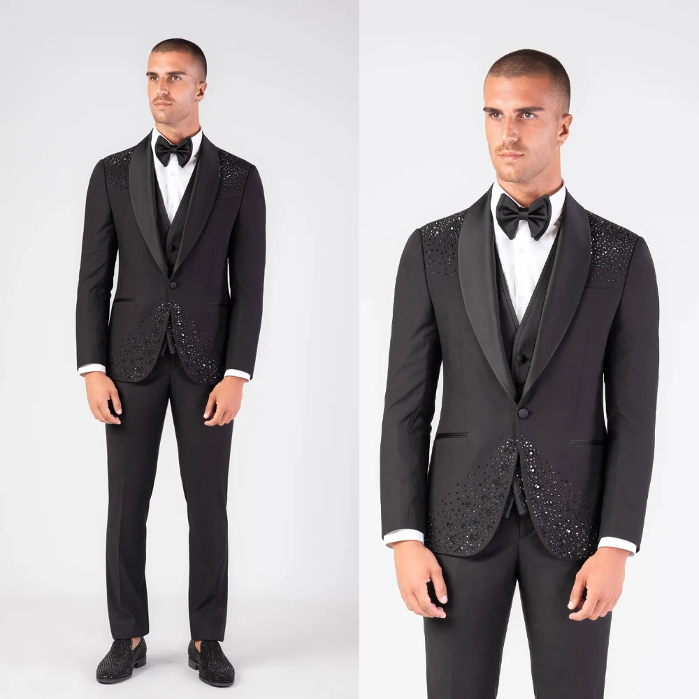 Men Formal Jacket Pants Suit Beaded Crystal One Button Shawl Lapel Slim Fit Formal Party Set Groom Wedding Wear 2 Piece
