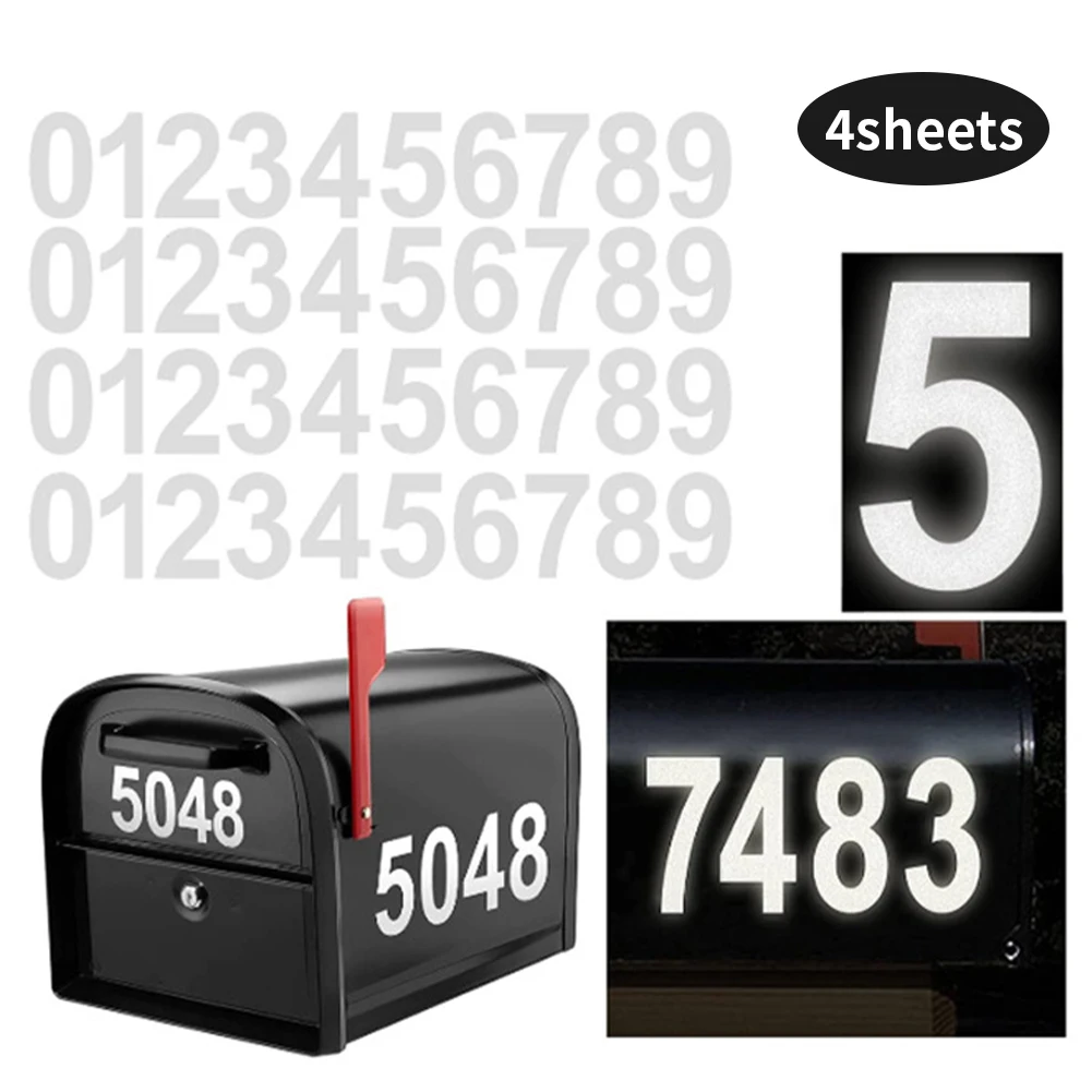 4 Sheets/pack 0-9 Recognizable Reflective Mailbox Number Sticker for Outside Address Door Car Window Sign Number Sticker Decal