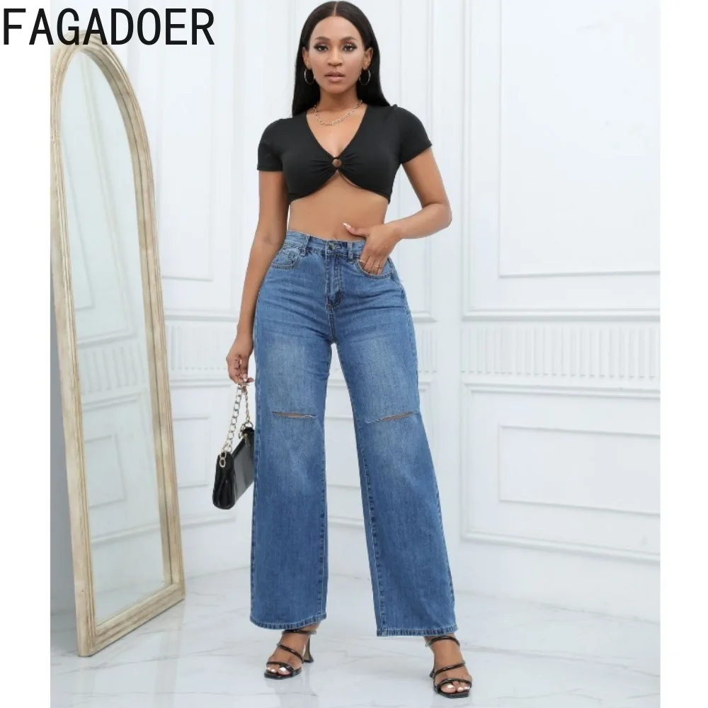 FAGADOER Casual Hole Denim Wide Leg Pants Women High Waisted Button Straight Jean Trousers Female Matching Cowboy Bottoms 2023